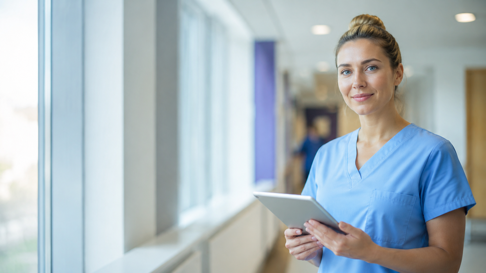 Nurse in a hospital corridor holding a tablet